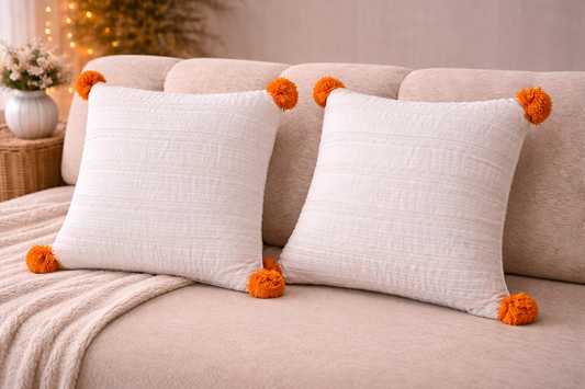 Mini Saheli White Textured Cotton with tassels Cushion Cover – Set of 2