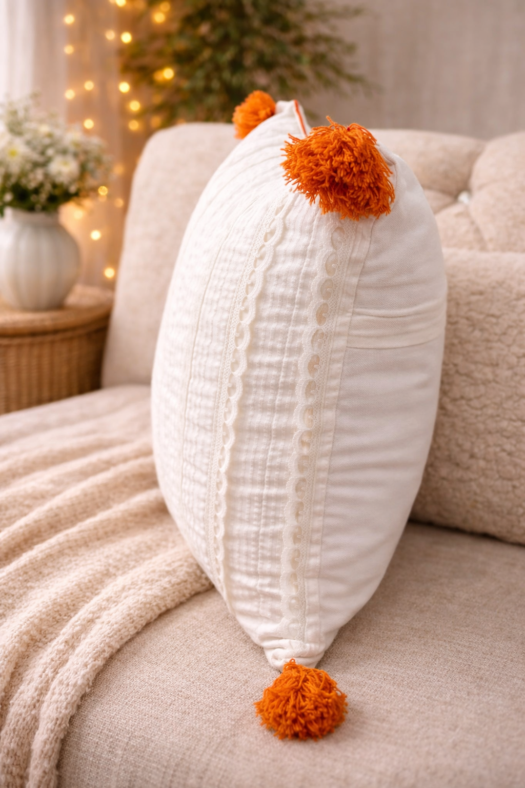 Mini Saheli White Textured Cotton with tassels Cushion Cover – Set of 2