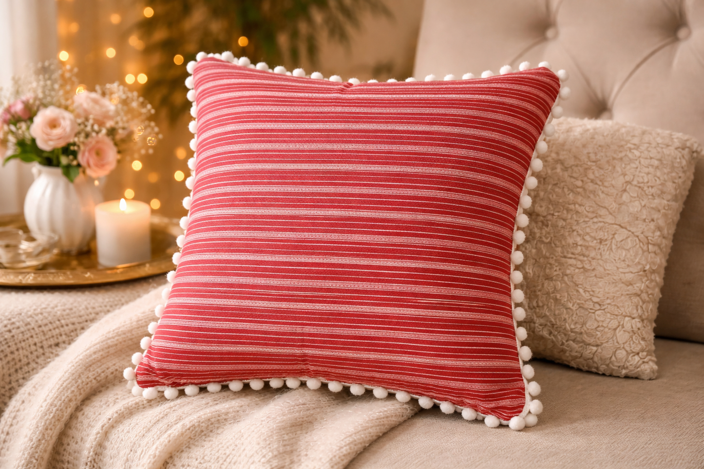 Mini Saheli ruby stripe white lace  Cushion Covers