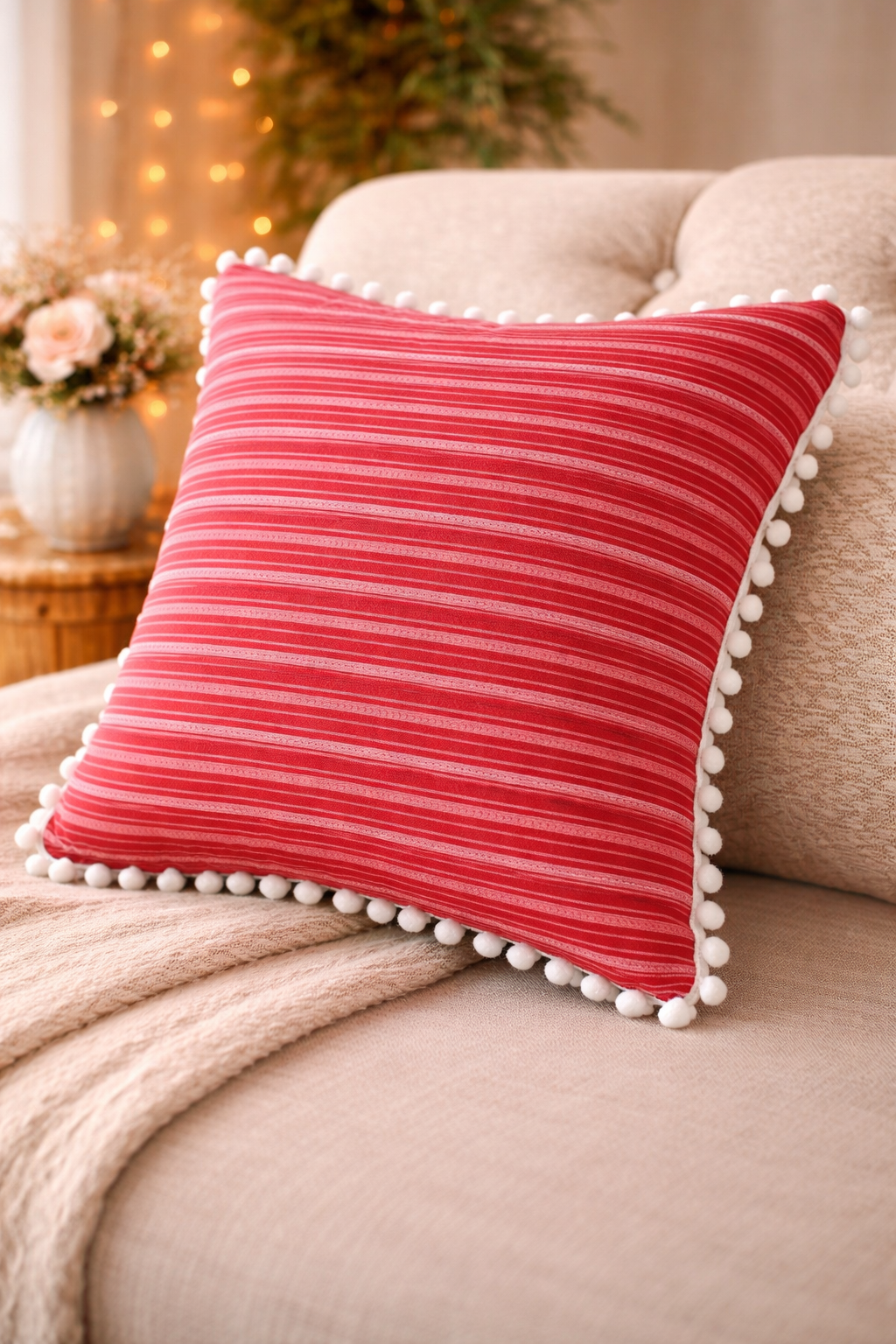 Mini Saheli ruby stripe white lace  Cushion Covers