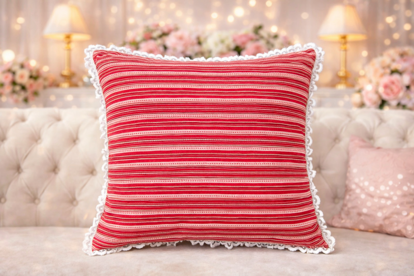 Mini Saheli Ruby Stripe with Pom Cushion Covers