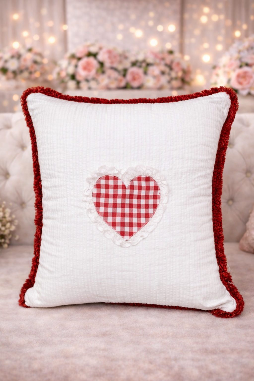 Mini Saheli Heirloom heart  shape with red lace  Cotton Cushion Cover – Set of 2